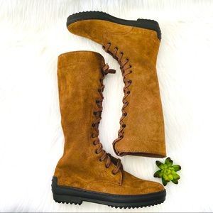 Tods Brown Suede Lace Up Combat Boots Mid Calf 37